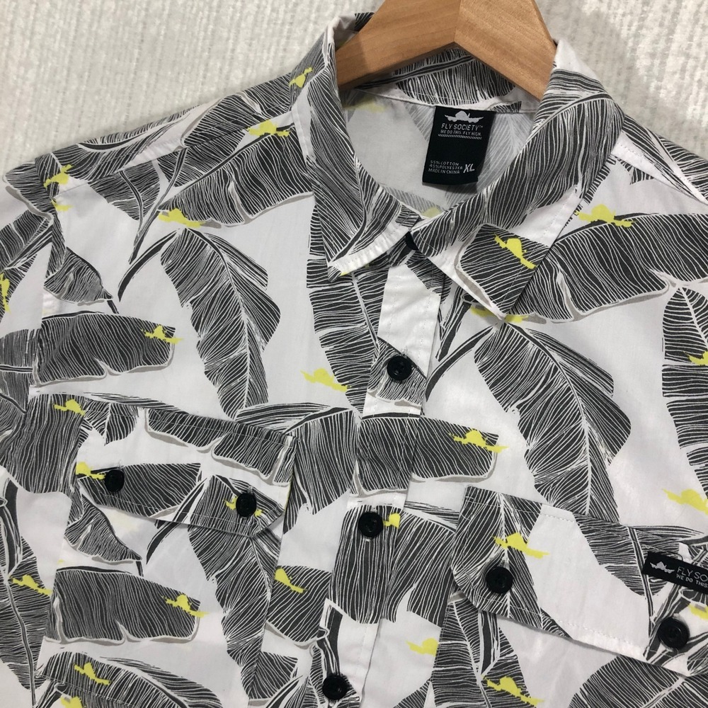 Fly Society White Black Leaves Graphic Short Sleeve Button Up Shirt Mens‎ XL